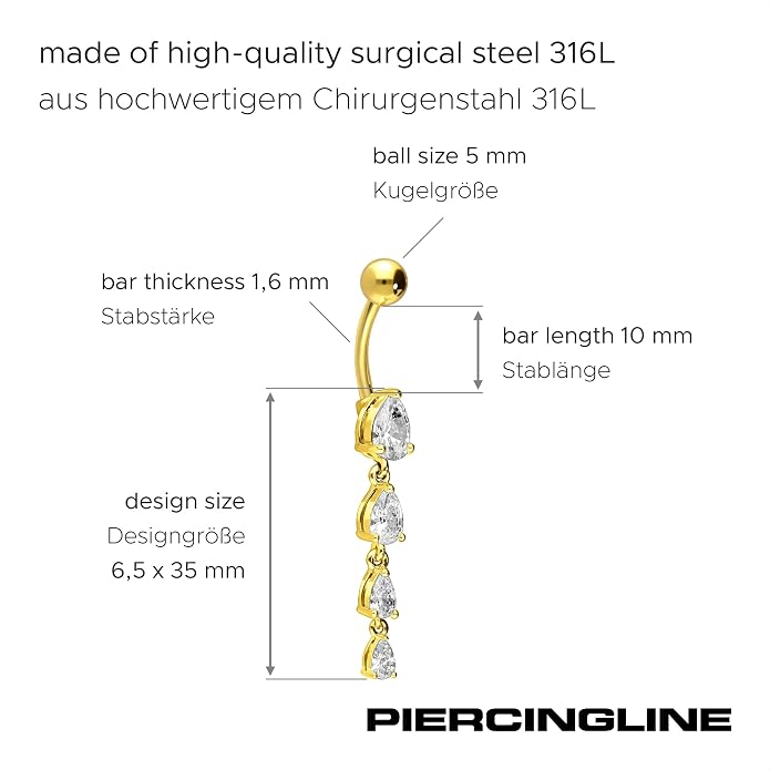 PIERCINGLINE Belly Button Piercing 4 CRYSTAL DROPS surgical steel, skin-friendly