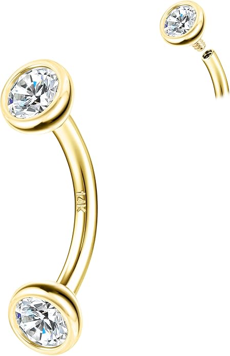 SYLWIA 14K Real Gold Eyebrow Rings, 16G Internal Thread Rook Piercing Jewelry, Diamond CZ - 3MM, Solid Gold Belly Rings Eyebrow Piercing Jewelry for Women