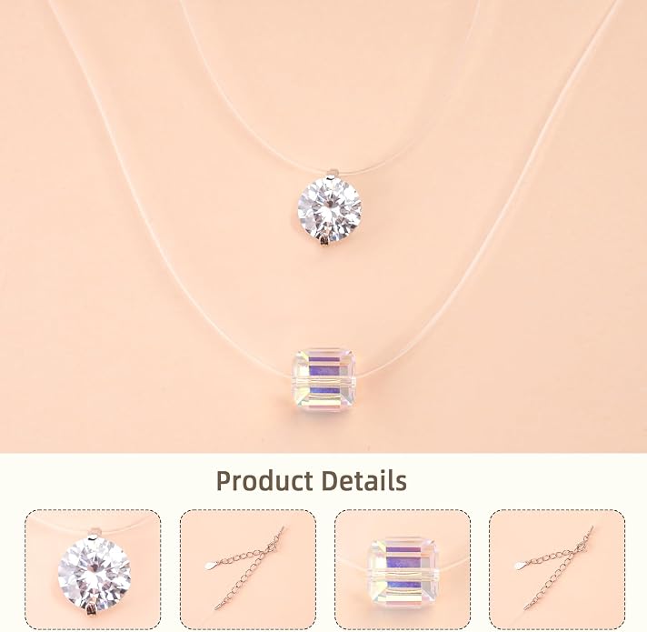925 Sterling Silver Necklace for Women,Dainty Cubic Zirconia Circle Pendant 1/1.25/2 Carat CZ Choker Necklaces Trendy with Invisible Chain Minimalist Solitaire Jewelry Gift