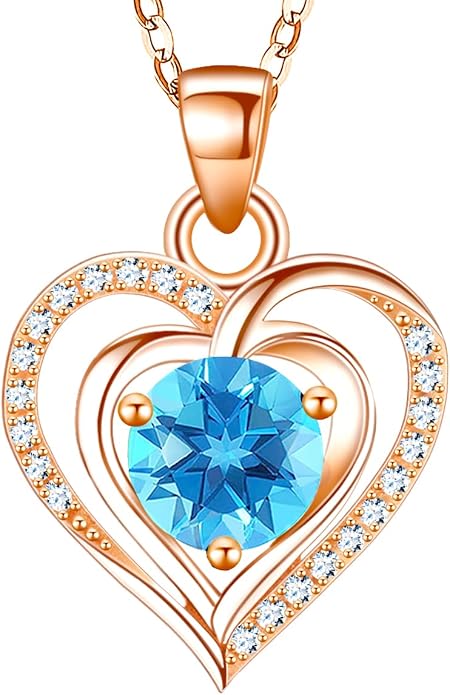 RIVIKO Heart Birthstone Pendant Necklace for Women 925 Sterling Silver Zirconia Necklaces Valentine's Day Anniversary Birthday Mothers Day Jewelry Gifts For Her Mother Wife