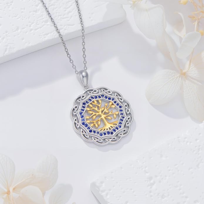 Sterling Silver Birthstone Celtic Tree of Life Necklace, 18K Gold Plated Colored Gemstone Tree of Life Pendant Two-Tone Necklaces Jewelry Birthday Gifts for Women 18" - 20"