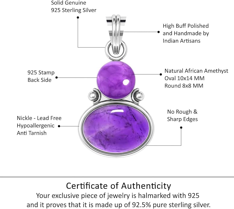Handmade Genuine 925 Sterling Silver Pendant Necklace Natural Gemstone Crystal, Lapis, Onyx, Amber Oval Round Boho Jewelry For Women