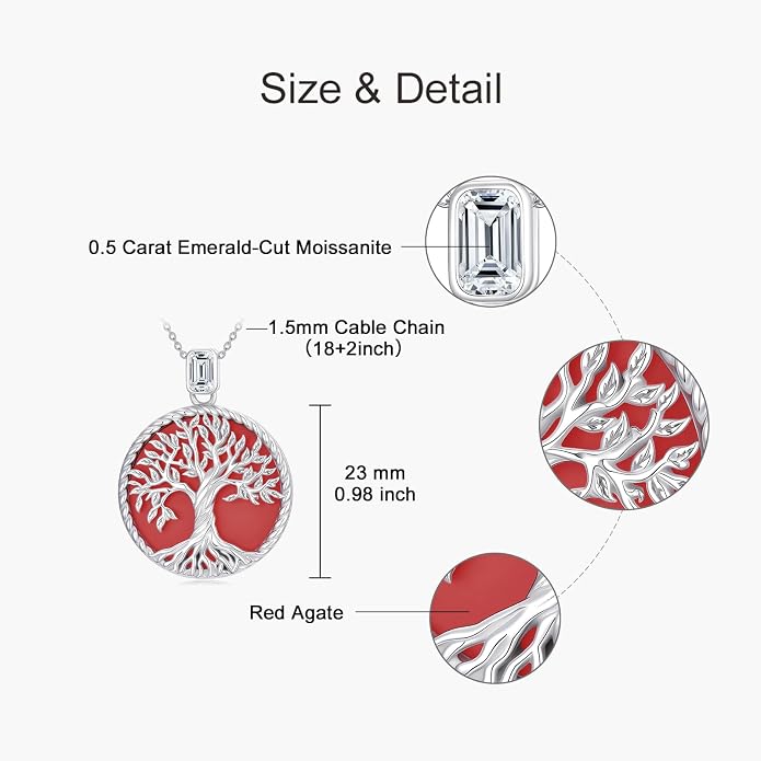 Tree of Life Moissanite Necklace, 925 Sterling Silver 0.5 Carat Moissanite Abalone Shell/Opal/Black Onyx/Turquoise/Malachite/Tiger Eye Stone Tree of Life Pendant Necklaces Jewelry Gift for Women Mom