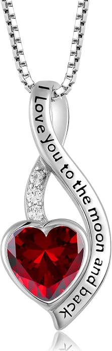 I Love You to The Moon and Back Necklace for Women, 925 Sterling Silver Heart Birthstone Pendant Necklace Jewelry Anniversary Birthday Gifts for Girls Women Wife Mom Daughter