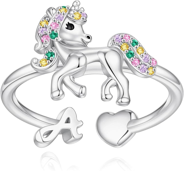 Unicorn Initial Rings for Teen Girls, Rose Gold/White Gold Plated Heart Initial Rings for Girls Adjustable Stackable Rings for Women Diny Heart Ring for Teen Girls Gifts Unicorns Gifts for Girls