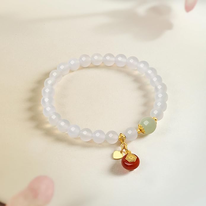 ZHOU LIU FU Silver Beaded Bracelets for Women Adjustable Silver Carnelian Roll White Chalcedony Gemstone Stretch Bracelets Mom Birthday