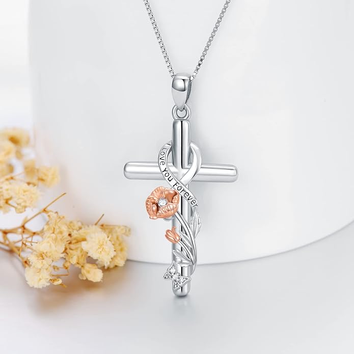 Cross Necklace for Women 925 Sterling Silver I Love You Necklace Religious Jewelry with Gift Box for Mother Daughter