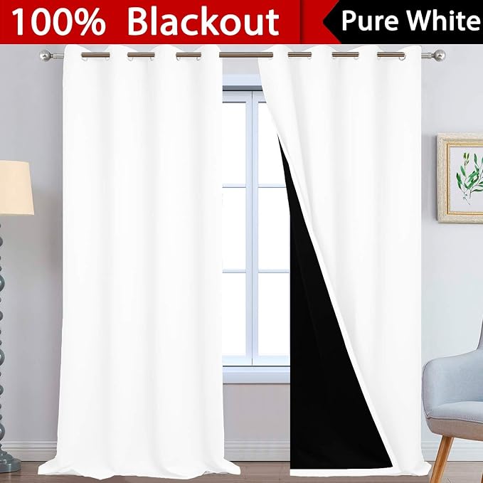 Yakamok Pure White 100% Blackout Curtains 108 Inches Long 52" Wide 2 Panel | Blackout Curtain Panels for Bedroom, 2 Thick Layers Grommet Top Thermal Insulated Drapes with Black Liner for Living Room