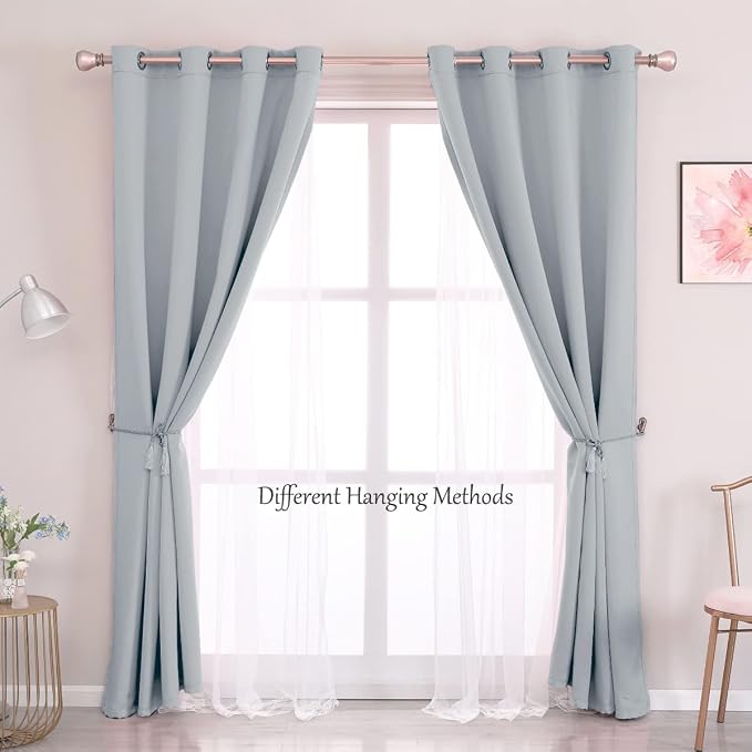 Short Light Gray Blackout Curtains with White Sheer - Double Layered Grommet Window Treatment Decorations for Bedroom Living Room Nursery, 52 x 54 in, 2 Panels