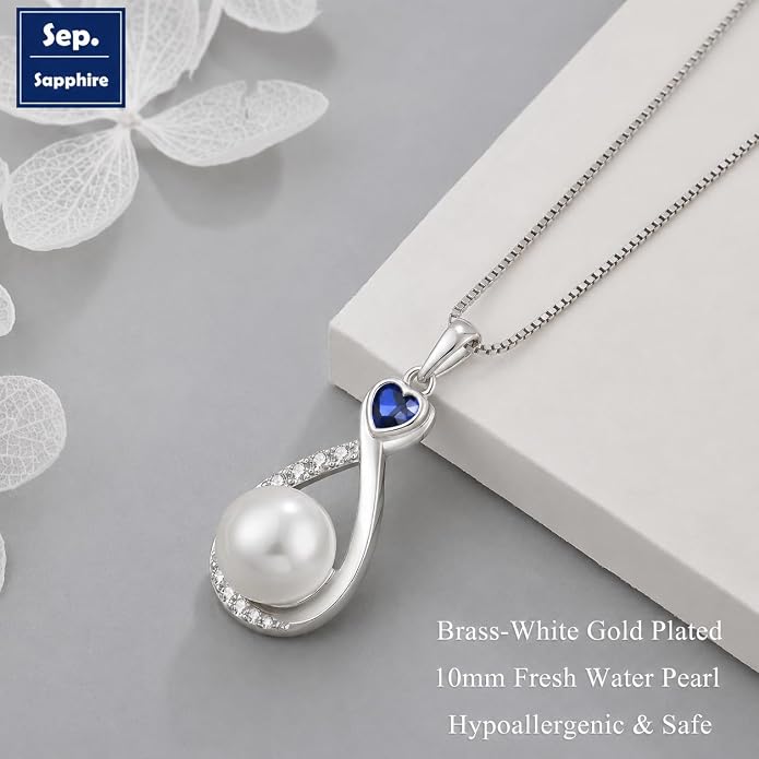 Heart Birthstone Pearl Pendant Necklace, 925 Sterling Silver Infinity Necklace with 10mm Freshwater Cultured Pearl & 4mm Gemstone Jewelry for Women