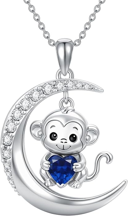 PROESS Animal Birthstone Necklace 925 Sterling Silver Otter/Axolotl/Hippo/Elephant/Dachshund/Monkey/Red Panda Pendant Necklace Animal Birthstone Jewelry Gifts for Women