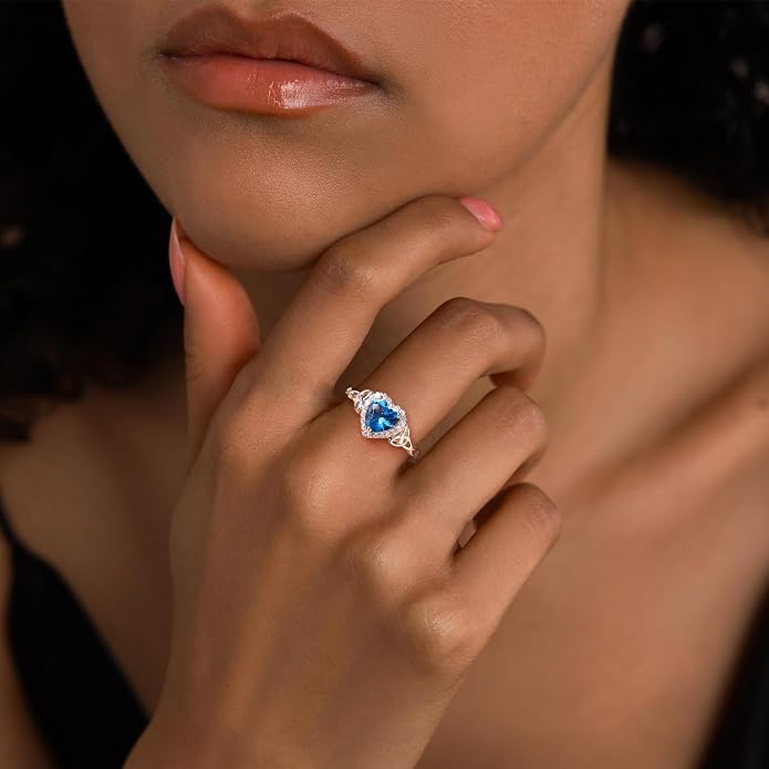 DAYBYDAY Celtic Birthstone Rings for Women 925 Sterling Silver Heart/Round/Pear/Oval Created Gemstone Moissanite Halo Engagement Promise Rings for Her Wife Birthday Anniversary Wedding Jewelry