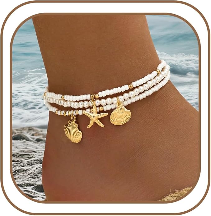 Anklet Bracelets for Women Boho Beaded Layered Ankle Bracelets Stack Summer Beach Waterproof Jewelry