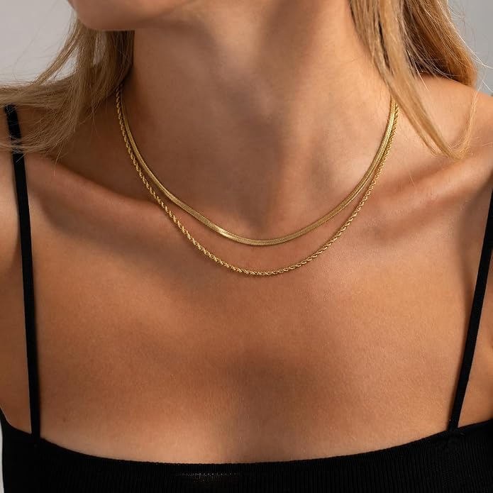 Freekiss Women's Layered Necklace Set - 3 Piece Dainty Gold Jewelry for Everyday Stacking | 14K Gold Plated Snake Chain, Rope Chain, Cuban Chain | Adjustable Length 14-18.5 Inch | Gift Ready