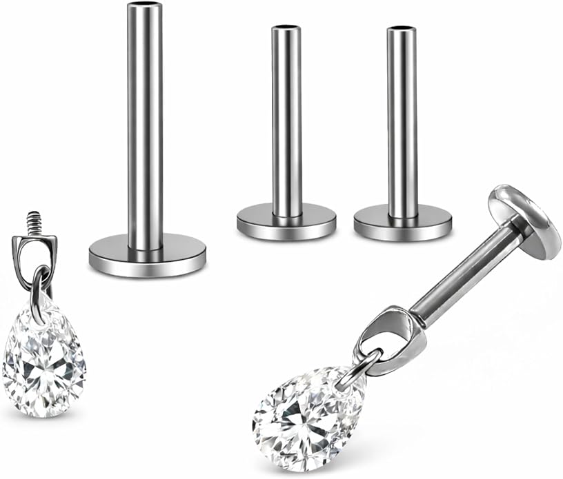Titanium Pear Cut Labret Stud Dangle Earrings for Piercings by Ginger Lyne Teardrop Cz 6Pc Set G23 Screw Front Flat Back Body Jewelry 2 pair post 6mm, 8mm Cartilage, Helix, Tragus, Lip, Conch, Lobe