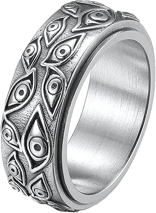 Men's Stainless Steel Eye of God Ring Band All Seeing Eye Spinner Rings Black Silver Vintage Jewelry Size 5 to 14