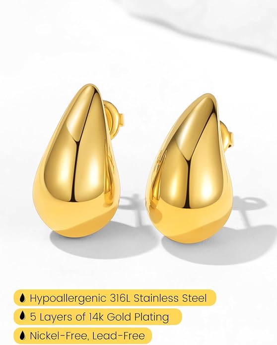 KeyStyle Chunky Gold Hoop Earrings for Women Trendy, Stainless Steel TearDrop Hoops Earring, Lightweight Water Drop Ear Jewerly