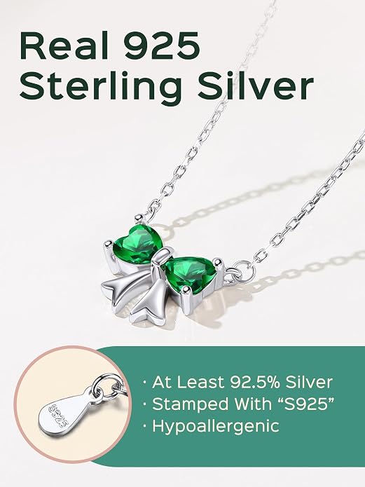 ChicSilver Bow and Cat Birthstone Necklace, 925 Sterling Silver Pendant Necklaces for Women, Hypoallergenic Silver Choker with 16 inch Rolo Chain, 12 Months Jewelry for Valentines Mothers Day Christmas