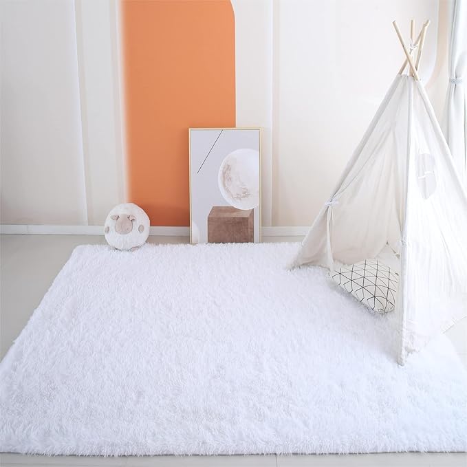 White Fluffy Area Rug 4x6 Bedroom - Ultra Soft Shag Carpet for Bedside | Pure Bright White - Perfect For Minimalist Bedrooms - Nurseries, And Christmas Photo Setups