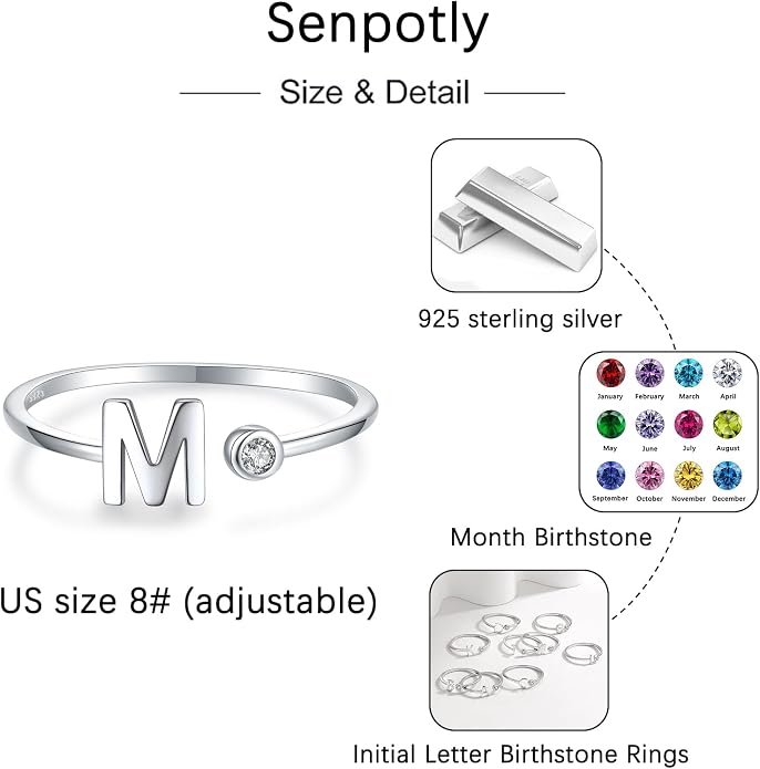 925 Sterling Silver Initial Letter Birthstone Rings for Women Adjustable 1-12 Month Birthstone Alphabet Stacking Ring for Teens Girls Stackable Birthstone Rings Birthday Jewelry Gift for Daughter Mom