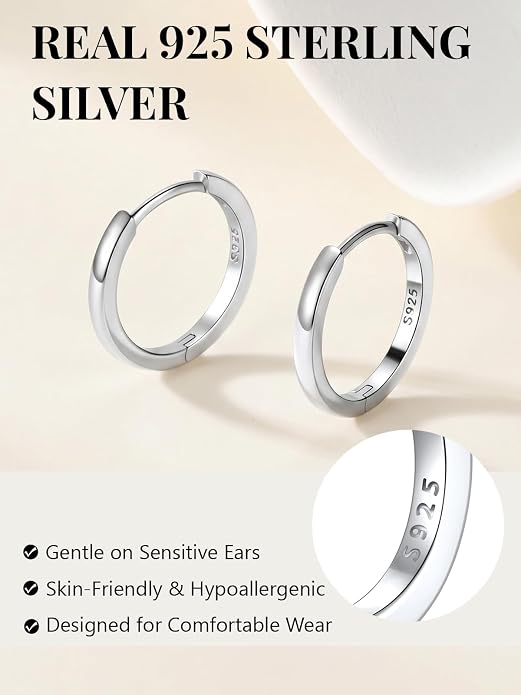 Silvora Sterling Silver Hoop Earrings for Women, Small Hoops 14K Gold Plated/925 Silver/Rose Gold/Black, Hypoallergenic Huggie Lightweight Cartilage Sleeper Earrings 8/10/12/14/16/18/20mm