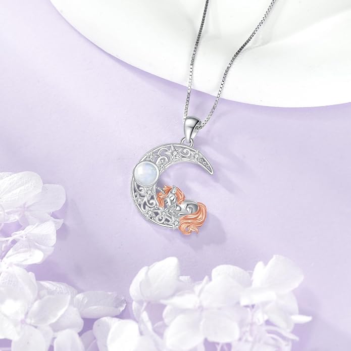 Crescent Moon Necklace with Unicorn, 925 Sterling Silver Natural Moonstone Pendant, Celestial Fantasy Jewelry Gift for Women