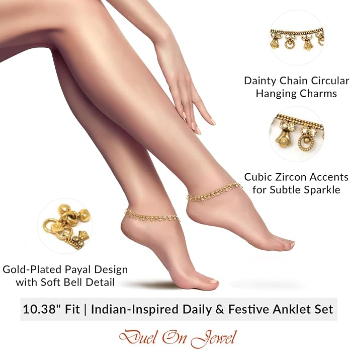 Duel On Jewel Gold Payal Set for Women, Indian Paayal Jhanjar Chain Anklets with Bell Detail, Foot Jewelry Pair, 10 Inch Comfort Fit, Traditional & Dainty Styles for Wedding Beach Everyday Gift
