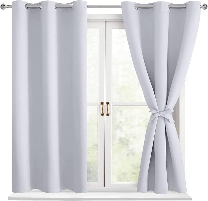 Hiasan Short Blackout Curtains for Bedroom - Thermal Insulated & Energy Saving Window Curtains for Living Room, 2 Drape Panels Sewn with Tiebacks, Greyish White, 38 x 45 Inch