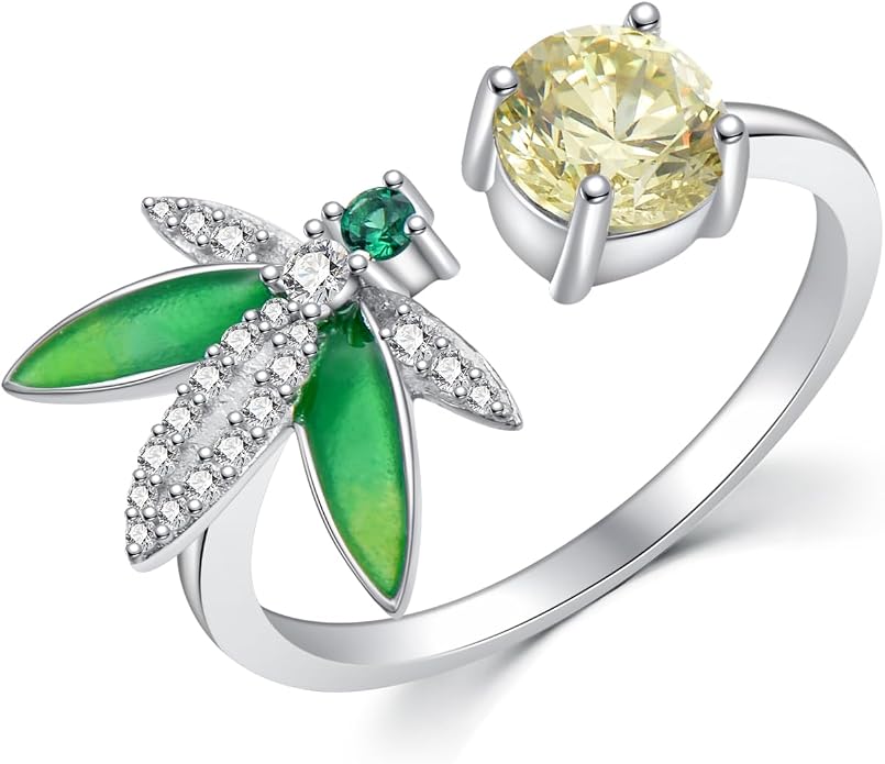 925 Sterling Silver Drangonfly/Butterfly Open Finger Rings Adjustable Dainty Gemstone Sapphire Emerald Green Ring for Women Round/Pear/Princess Engagement Promise Ring
