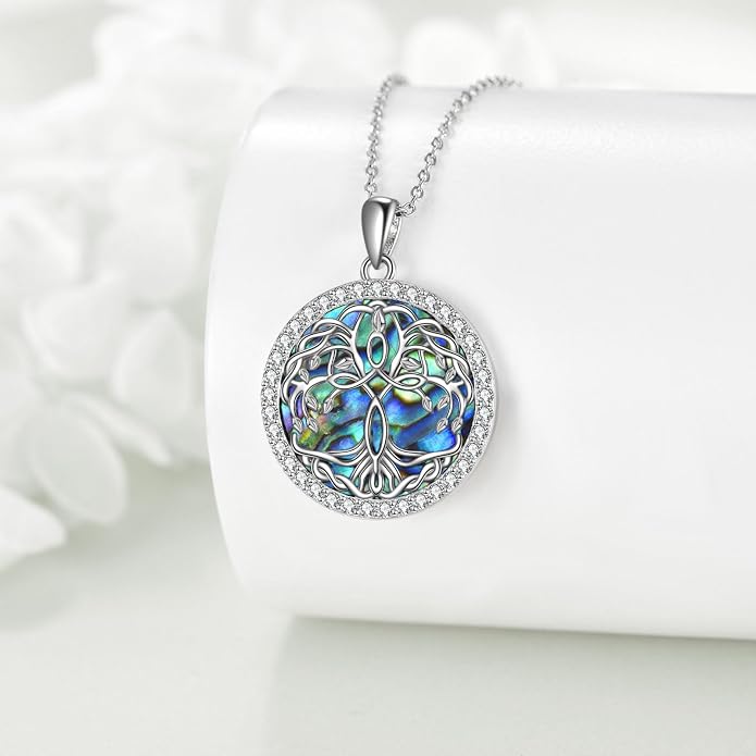 POPLYKE Tree of Life Necklace for Women Sterling Silver Celtic Knot Family Tree With Blue/Purple/Volcano Crystal Irish Gifts for Mom Wife Birthday Christmas