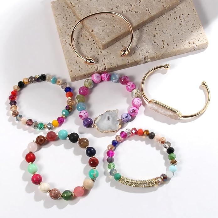 Yomisa 5PCS 6PCS Natural Boho Beaded Bracelets/Bangle for Women Men,Healing Turquoise Jasper Agate Crystal Gemstone Stone Chakra Multilayer Wrap Bohemian Handmade Jewelry Beads Stretch Bracelet Set
