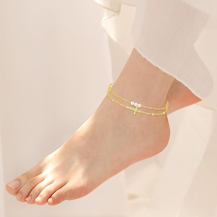 Palpitate Cross Anklet for Women Pearl Cross Ankle Bracelets 14K Gold Plated Adjustable Layered Foot Bead Chain for Women Beach Jewelry Christmas Gifts