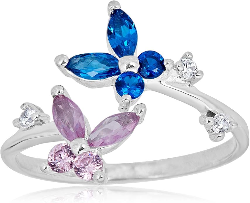 AVORA 925 Sterling Silver Adjustable Butterfly Toe Ring with Simulated Diamond CZ
