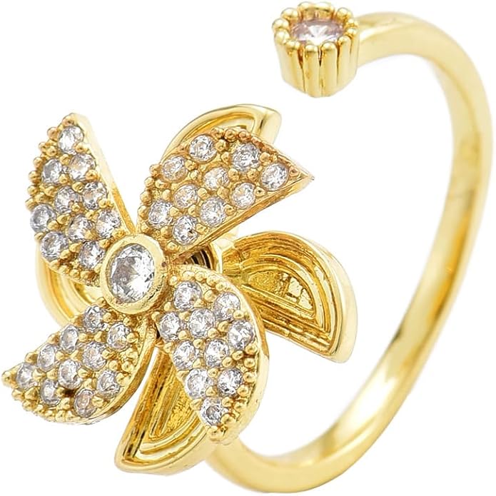 NONAMOIS Gold Rings for Women Evil Eye Flower Open Anti Anxiety Spinner Ring Adjustable Fidget Rings Jewelry Christmas Gifts