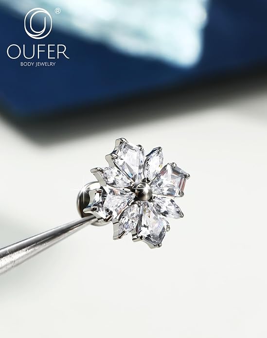 OUFER Body Piercing Titanium Cartilage Earrings 16G Flower Helix Earrings for Women Internally Thread Tragus Piercing Jewelry 8MM Conch Helix Tragus Stud Flat Back Cartilage Piercings for Women
