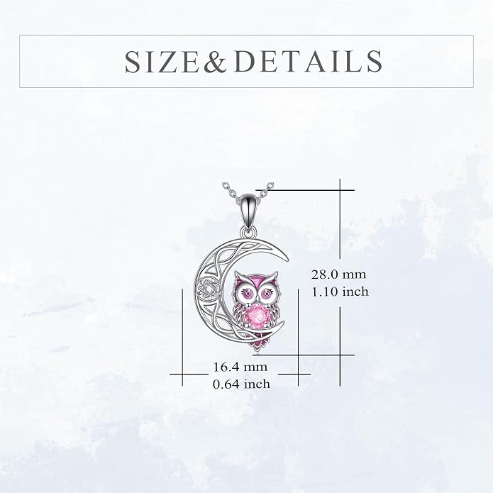 Owl Birthstone Necklace Sterling Silver Celtic Moon Pendant Cubic Zirconia Owls Jewelry Birthday Gifts for Women Men