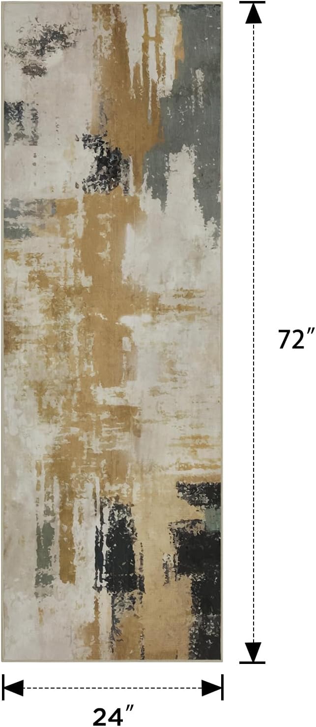Joydeco 2x6 Washable Runner Rug for Hallway, Modern Abstract Non-Slip Soft Rugs, Low Pile Carpet for Entryway, Bedroom, Kitchen, Laundry, White &Beige & Dark Gray