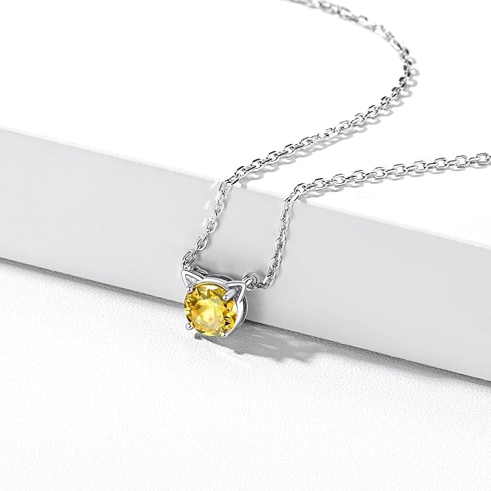 ChicSilver Bow and Cat Birthstone Necklace, 925 Sterling Silver Pendant Necklaces for Women, Hypoallergenic Silver Choker with 16 inch Rolo Chain, 12 Months Jewelry for Valentines Mothers Day Christmas