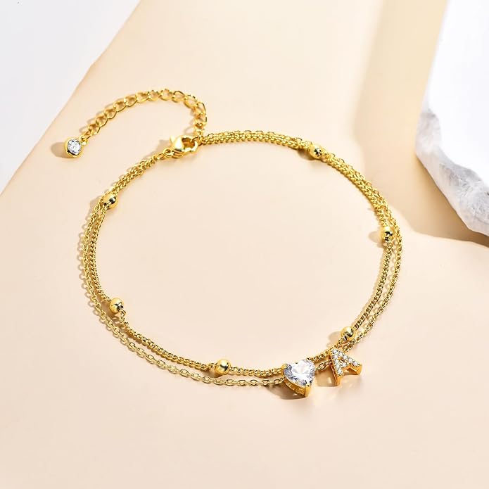 Ankle Bracelets for Women Waterproof 14K Gold Plated CZ Initial Anklet for Women Dainty Layered Letter Heart Ankle Bracelets Handmade Adjustable Foot Chain Anklet Summer Beach Jewelry