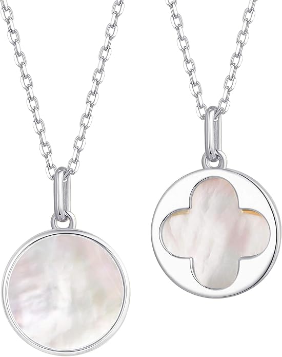 S.Leaf Sterling Silver Pearl Necklace for Women Gold Plated Double-sided Mother of Pearl Four Leaf Clover Shell Necklace Dainty Pendant Necklaces Gift for Women Her Mother Daughter Bridesmaids