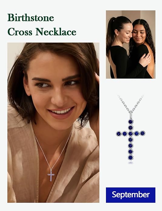 Sterling Silver Cross Necklace for Women Birthstone Religious Jewelry