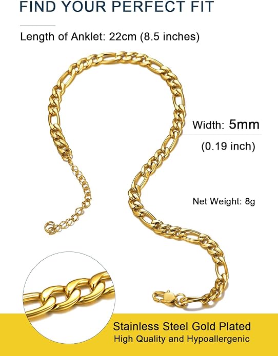 ChainsPro Resizable Anklet Chain for Women Men, Figaro/Wheat/Twist Rope/Cuban Foot Bracelet-Strong with Good Clasp-18K Gold Plated(Send Gift Box)