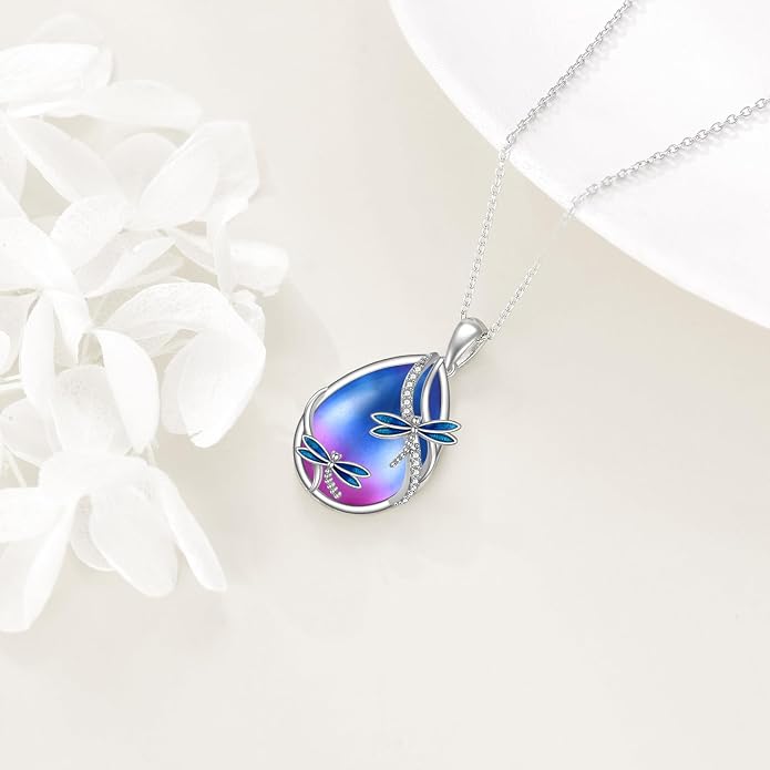 KQF Dragonfly/Butterlfy/Cat/Jellyfish/Bunny/Axolotl/Bee/Mermaid/Hummingbird/Elephant Necklace for Women Sterling Silver Moonstone Pendant Necklace Dragonfly Jewelry Gifts for Women