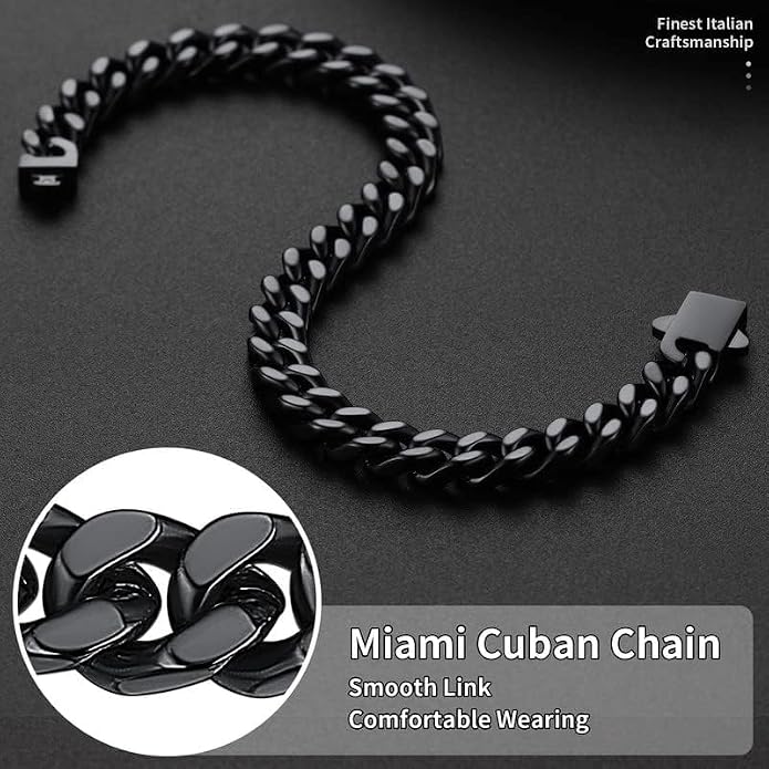 ChainsHouse Stainless Steel Cuban Link Bracelet for Men, 5mm/7mm/9mm/12mm Width, 7.5"/8.3"/9" Length, Black/18K Gold Plated Chain Wrist Bracelets for Men, with Gift Box