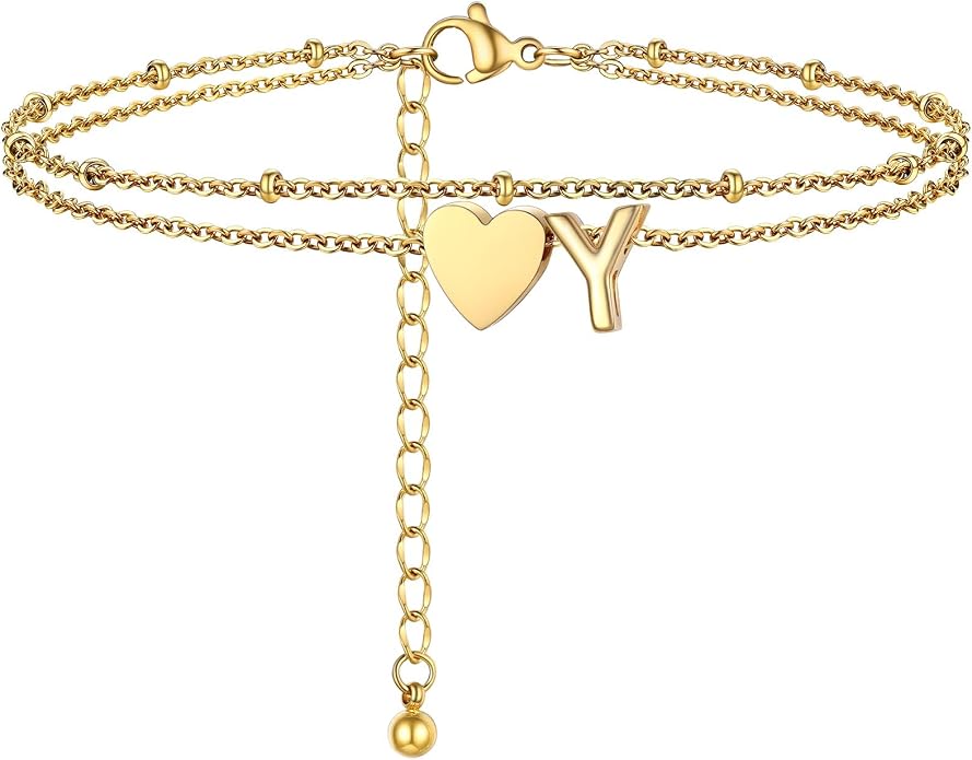 Initial Ankle Bracelets for Women, Dainty Stainless Steel Letter A-Z Layered Anklets, Heart Ankle Bracelet 8.5"-10.5" Adjustable, Summer Beach Jewelry, Come with Box