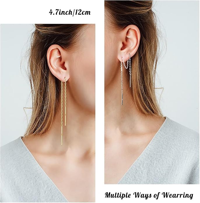 2 Pairs S925 Sterling Silver Chain Threader Earrings For Women Bar Wrap Threader Dangle Drop Earrings Lightweight Minimalist Hypoallergenic Earrings Anniversary Jewelry