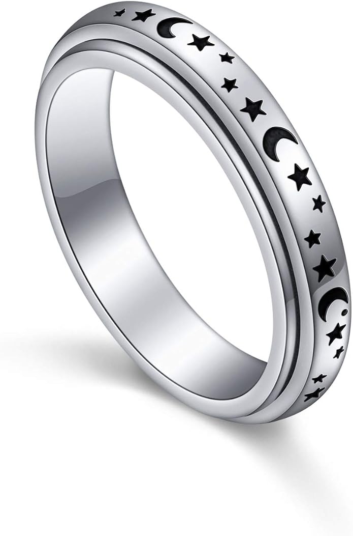 Alphm S925 Sterling Silver Spinner Fidget Anxiety Worry Relieving Boredom ADHD Autism Band Rings
