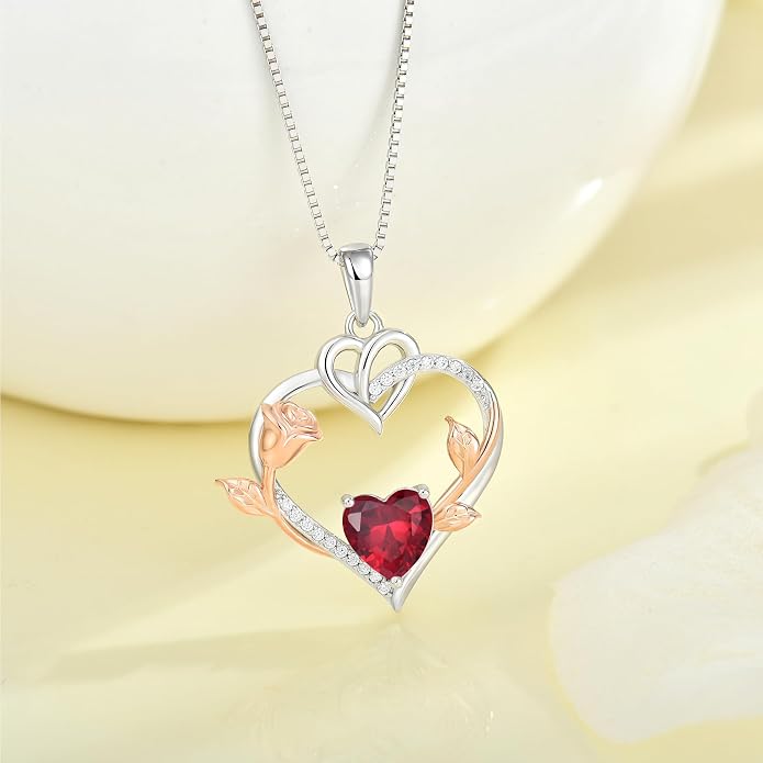Rose Heart Necklaces for Women - 925 Sterling Silver Gold Rose Birthstone Pendant Jewelry for Girlfriend Daughter - Anniversary Birthday Christmas Valentines Day Mother’s Day Jewelry Gifts for Women Wife Her Girls Mom