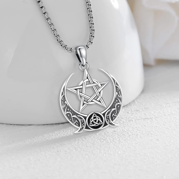 Pentagram Necklace Sterling Silver Triple Moon Goddess/Celtic Knot Witches Knot/Ankh/Sun and Moon/Hecate/Lilith/Santa Muerte/Tetragrammaton Pendant Necklace Pagan Wiccan Magic Egyptian Amulet Jewelry for Women Men