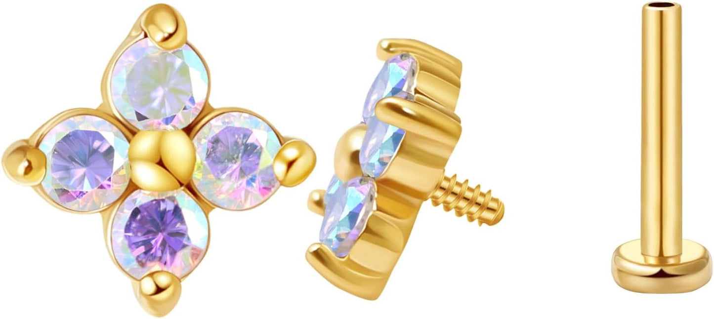 FANSING CZ Flower Internally Threaded Flat Back Earring Labret Stud for Cartilage Tragus Helix Conch
